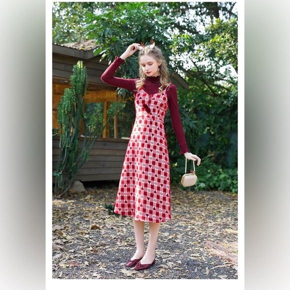 White & Red Checkered Heart Pattern Pom-Pom Front Tie Wool Blend Midi Dress M/L - Picture 2 of 13